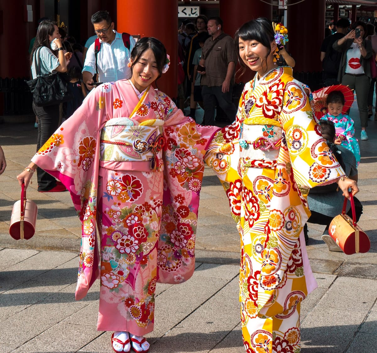 Women in rented kimono walking near Senso-ji