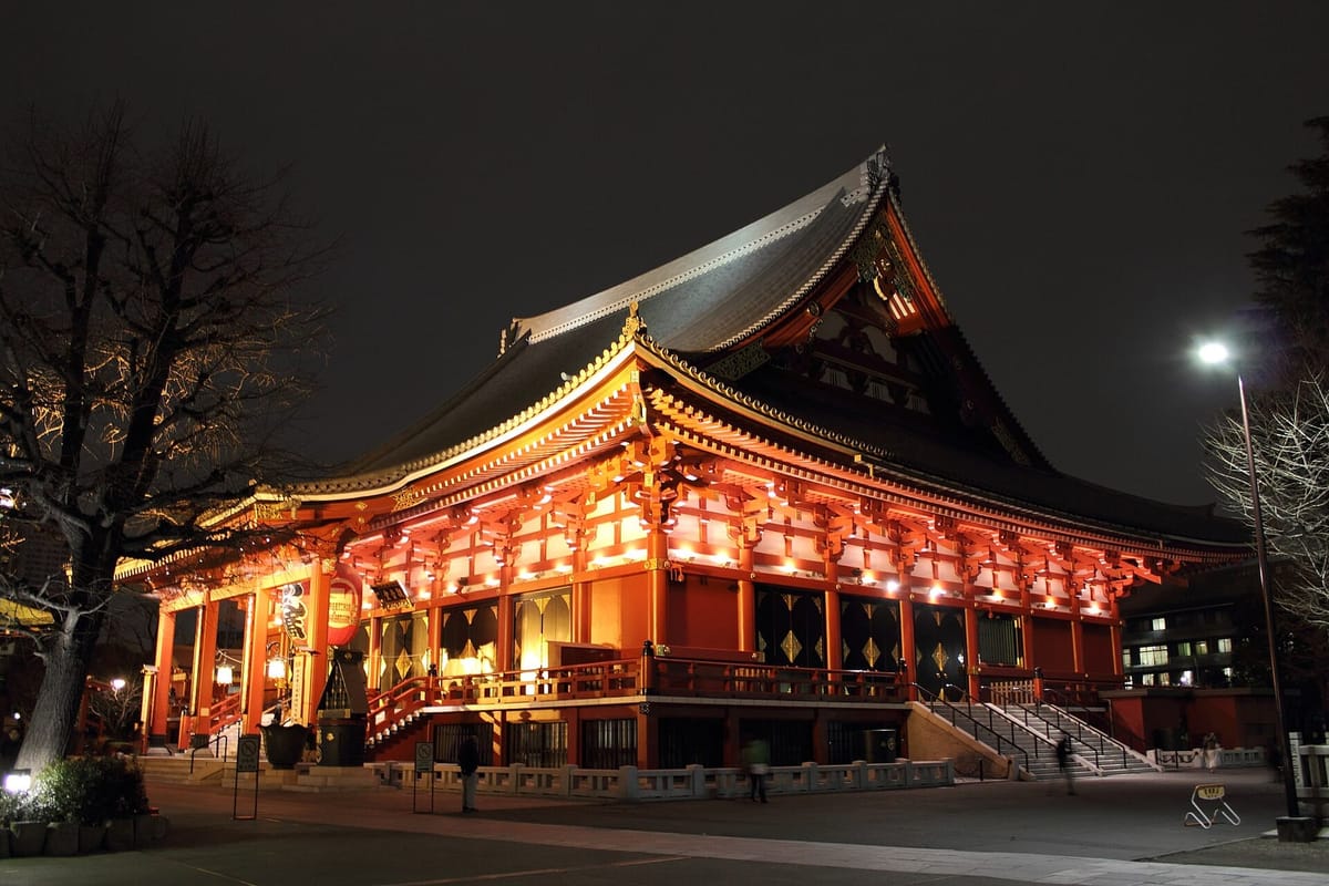 Senso-ji's main hall and lanterns lit up after dark