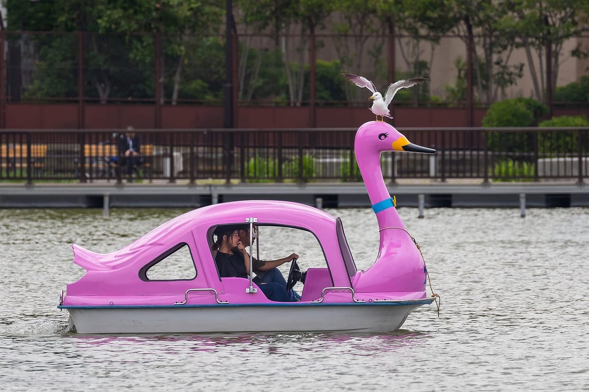 A pink swan boat on Shinobazu Pond in Ueno Park